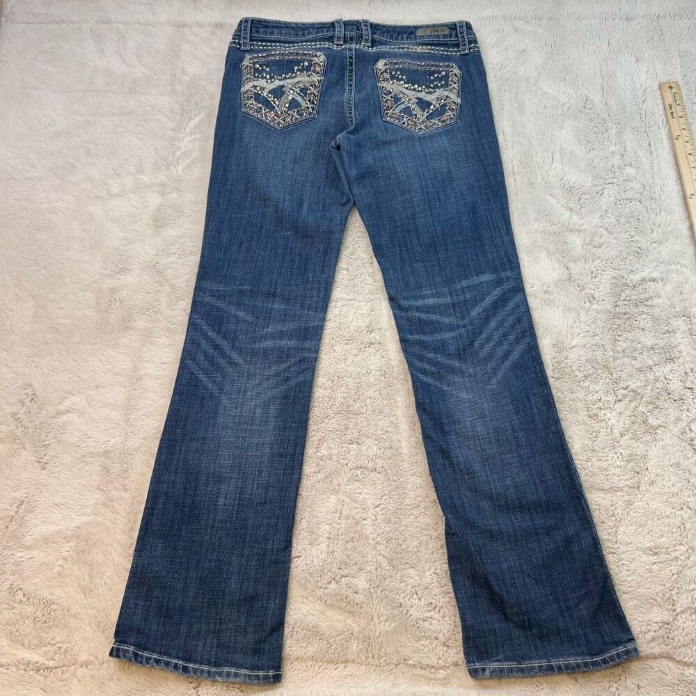 Wrangler Rock 47 Bootcut Low Rise Jeans Womens 30x32 Blue Whiskers Bling Cowgirl